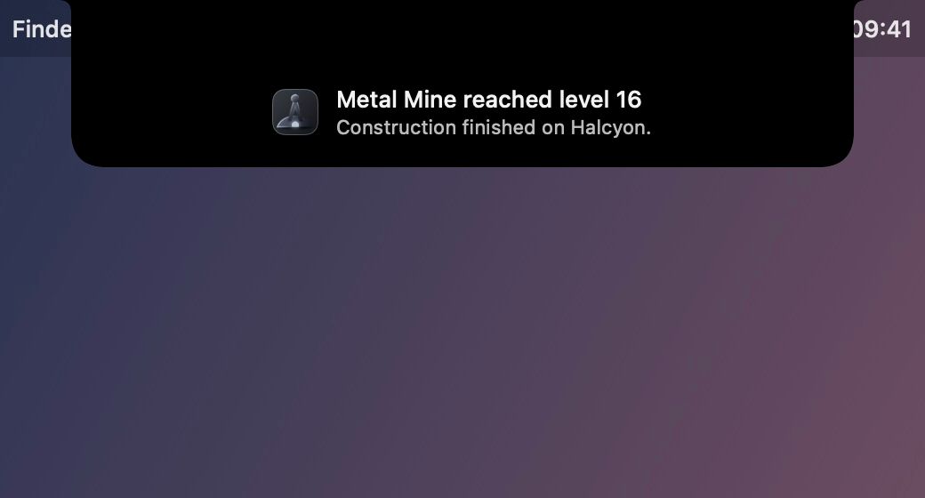 The notch swollen over the desktop: Metal Mine reached level 16, construction finished.